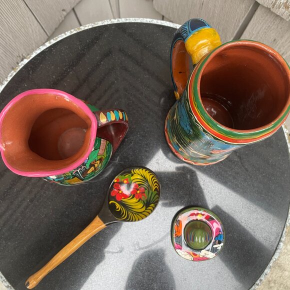 Isidoro Mexico Painted Stein Terracota Pitcher Magnet Wooden Spoon Floral Set - Picture 13 of 16